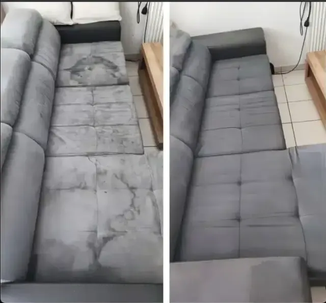 Canapé nettoyé à domicile : assise et dossier avant / après.