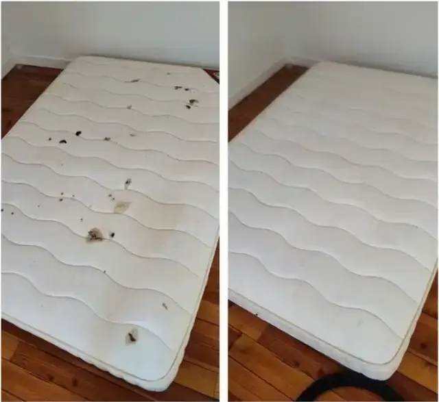 Matelas nettoyé à domicile : auréoles atténuées, surface assainie.