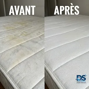 Matelas taché, avant et après nettoyage à domicile.