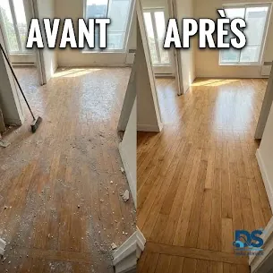 Parquet après travaux : gravats et poussières retirés lors d’un nettoyage de fin de chantier.