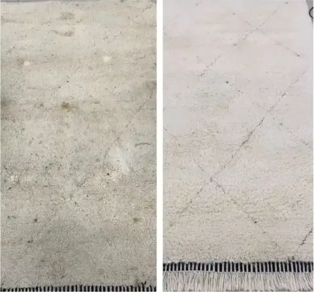 Tapis nettoyé à domicile : couleurs ravivées après extraction.