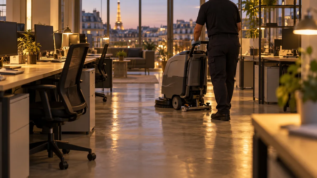 Agent d'entretien passant une autolaveuse dans un open space de bureaux parisien en fin de journée