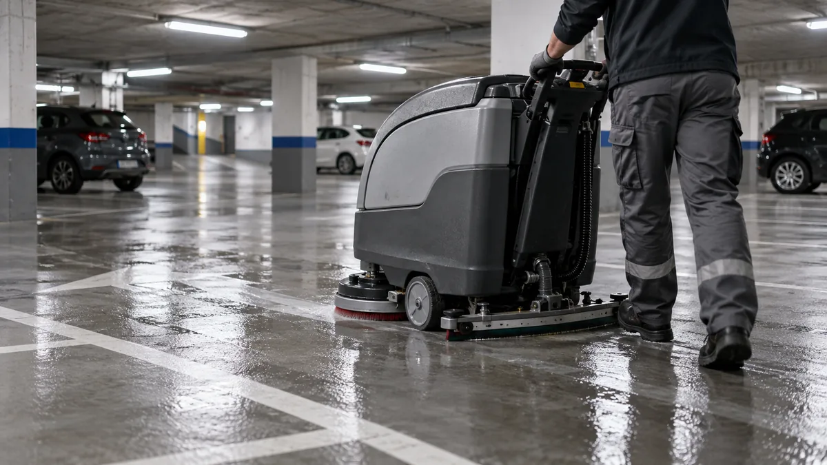 Agent de nettoyage utilisant une autolaveuse sur le sol mouillé d'un parking souterrain