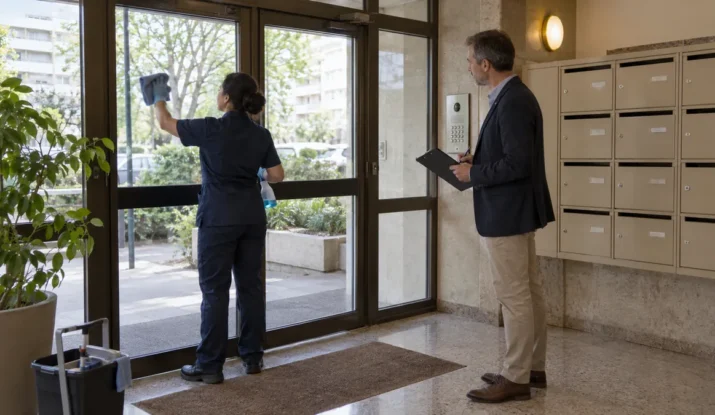 Gestionnaire de copropriété contrôlant le nettoyage du hall avec une liste de tâches