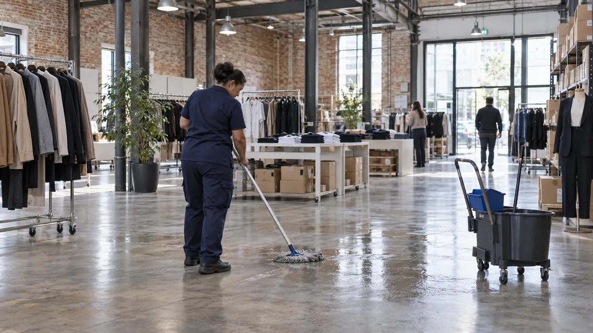 Lavage du sol d'un showroom de grossiste dans un ancien bâtiment industriel d'Aubervilliers