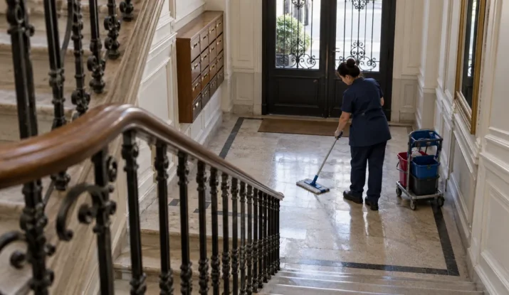 Agent d'entretien lavant le hall et l'escalier d'une copropriété haussmannienne à Paris