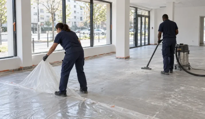 Retrait des bâches de protection et aspiration de la poussière de plâtre dans un local commercial rénové en Seine-Saint-Denis