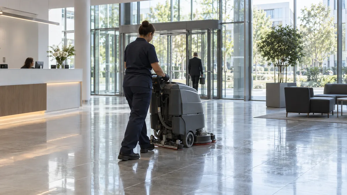 Autolaveuse passée dans le hall d'un immeuble de bureaux en Île-de-France