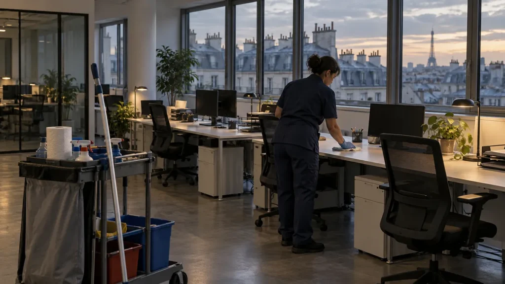 Agent de DADA Service nettoyant les bureaux d'un open space parisien en soirée, toits de Paris en fond