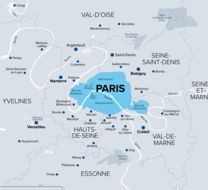 Paris, department and capital of France, political map. Part of Ile-de-France, with Petite Couronne, the inner ring, formed by 3 departments bordering Paris, forming a geographical crown around it.